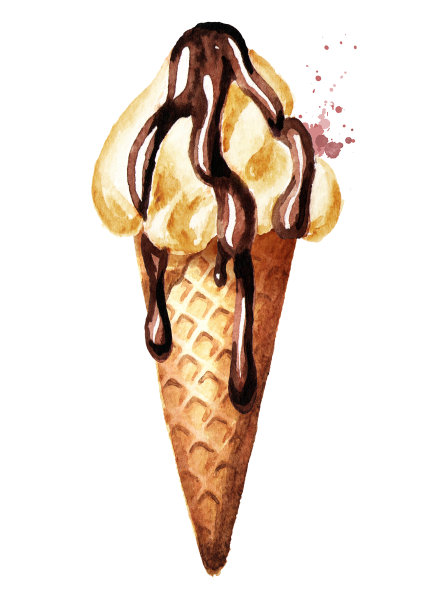 加巧克力糖浆的蛋卷冰淇淋。水彩手绘插图，孤立的白色背景图片下载