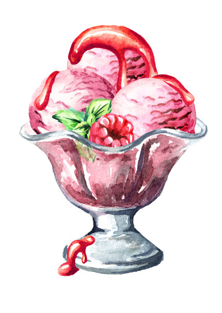 草莓冰淇淋加糖浆，浆果和薄荷。水彩手绘插图，孤立的白色背景图片下载