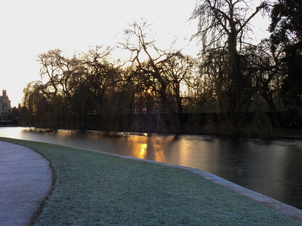 结冰的湖面上有树木和小路图片下载