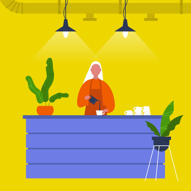 在吧台倒咖啡的年轻女咖啡师。咖啡馆。阁楼内。现代的生活方式。平面可编辑矢量插图，剪辑艺术图片下载