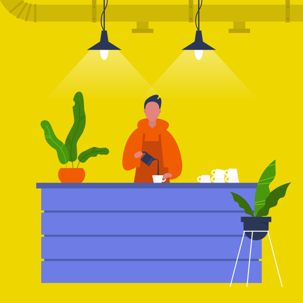 年轻的男咖啡师在吧台上倒咖啡。咖啡馆。阁楼内。现代的生活方式。平面可编辑矢量插图，剪辑艺术图片下载