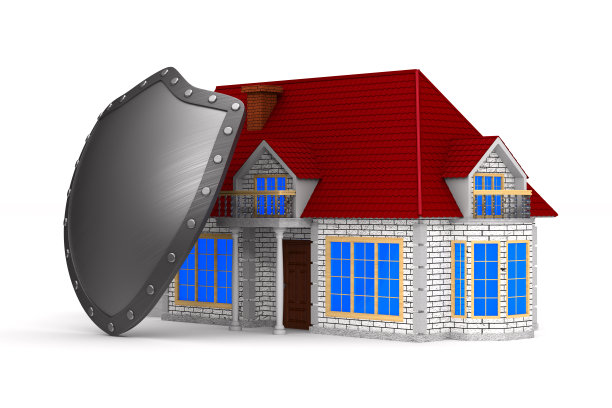 白色背景上的房子和盾牌。孤立的3 d演示图片下载