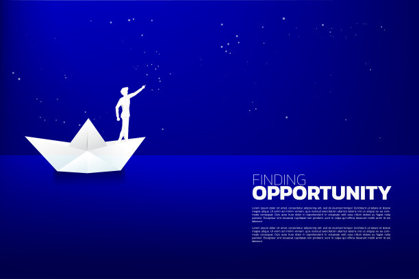 商人的剪影在纸船折纸指向夜空中的星星。图片下载
