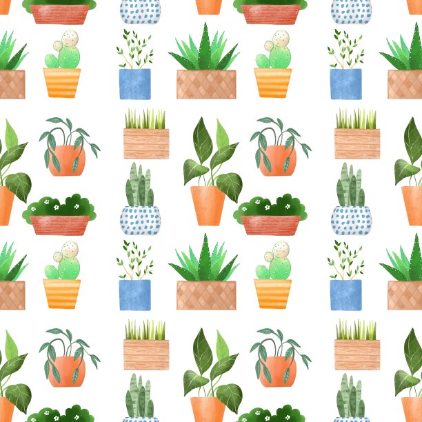 盆栽植物。卡通无缝模式图片下载