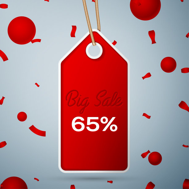 灰色背景和五彩纸屑上刻有“大减价六五折六五折”字样的红色三角旗。销售概念为商店，商店市场，网络和其他商业。矢量插图。图片下载
