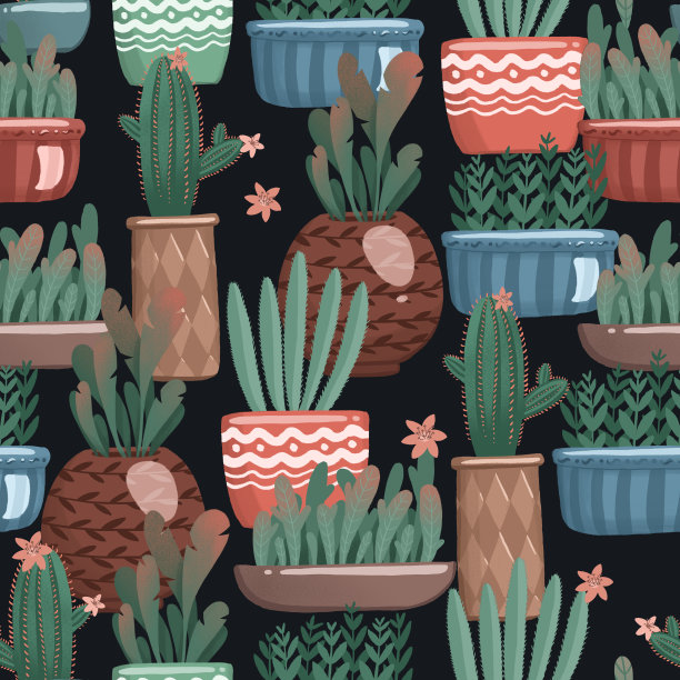 颜色简单，平面无缝模式不同的盆与绿色多肉软管在黑暗的背景。素材图片