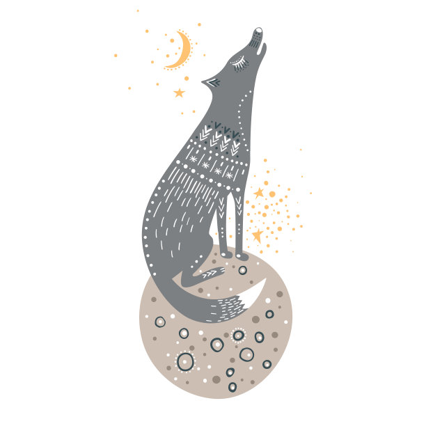 矢量幼稚手绘插图。狼坐在太空中的一个星球上，孤立地对着月亮嚎叫。图片下载