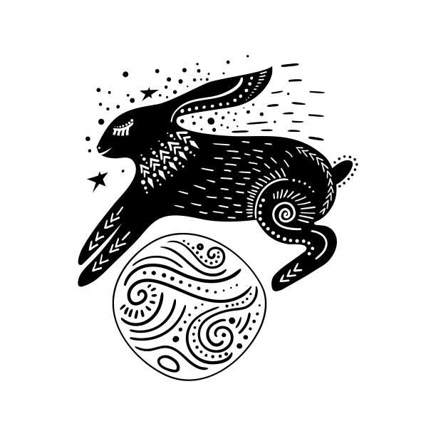 向量幼稚的插图。手绘兔子跳过星球。黑色和白色。图片下载