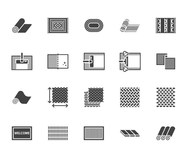 地毯清洁平面图形图标集。地毯蒸，竹席，波斯地毯，地板矢量插图。家政服务标志，内部商店。纯轮廓像素完美64x64图片下载