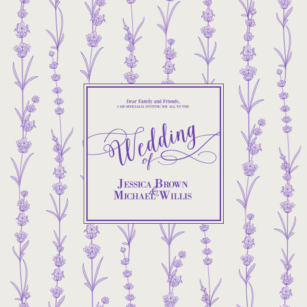 带花薰衣草的婚礼请柬。灰色背景的新娘淋浴卡。复古的鲜花邀请春天或夏天新娘送礼会。图片下载