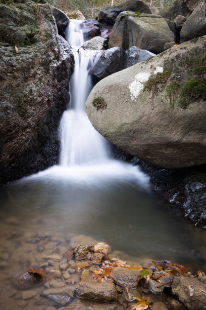 美丽的森林瀑布小溪在长时间暴露在秋天的景色图片下载