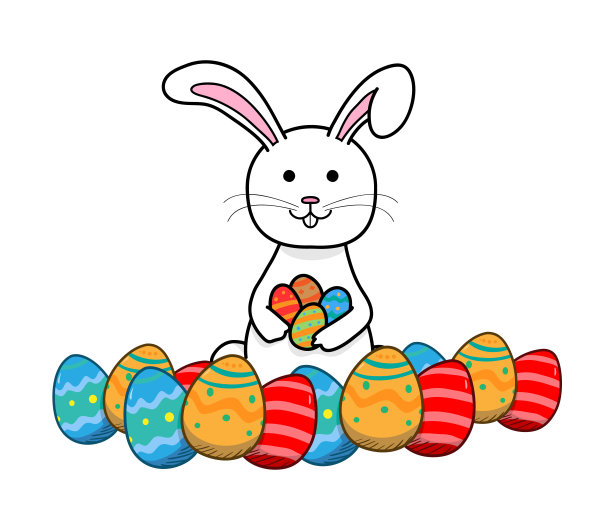 手绘复活节兔子卡通兔子周围五颜六色的复活节彩蛋图片下载