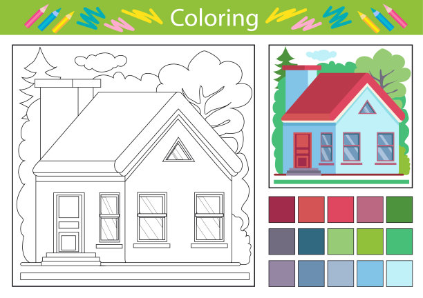 用卡通房子着色工作表。矢量插图。孩子们有趣的图画谜语。儿童着色教程页面。绘画课。活动艺术游戏为书籍。图片下载