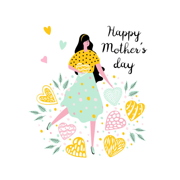 设计模板卡与字符和文本“母亲节快乐”。可爱的女孩和周围的心。概念为问候海报，横幅。图片下载