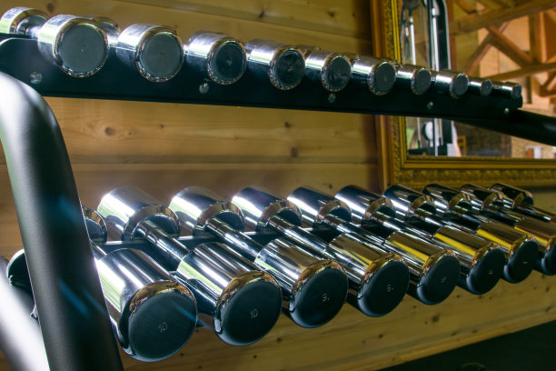 不同重量的金属哑铃，按顺序排列，在体育馆的施工现场，排成两排图片下载