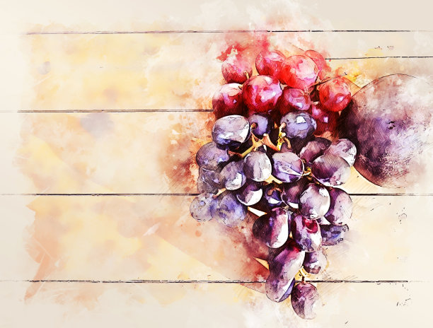 特写牛油果和葡萄在木纹上水彩插画背景。图片下载