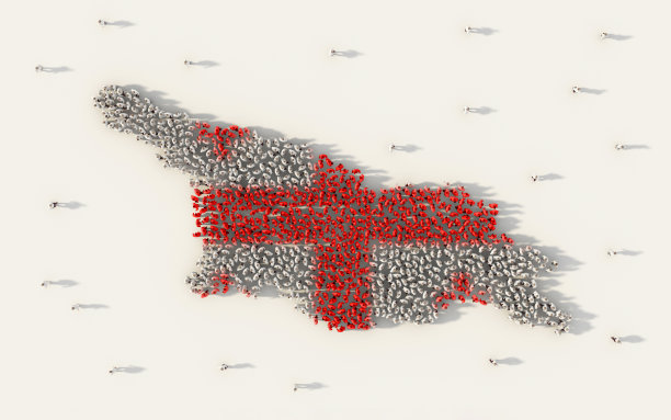 一大群人组成的格鲁吉亚国家地图和国旗在社交媒体和社区概念上的白色背景。人群插图的3d符号符号从上面聚集在一起图片下载