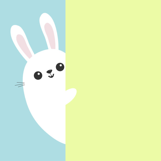 白色的兔子兔子拿着绿色的墙招牌。可爱的卡通有趣的动物躲在纸后面。复活节快乐的象征。躲躲猫。平面设计。柔和的蓝色背景。图片下载