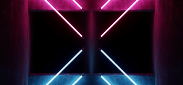 科幻现代未来霓虹发光三角形紫蓝色发光管灯与空空间反射混凝土地板砖墙画廊房间3D渲染图片下载