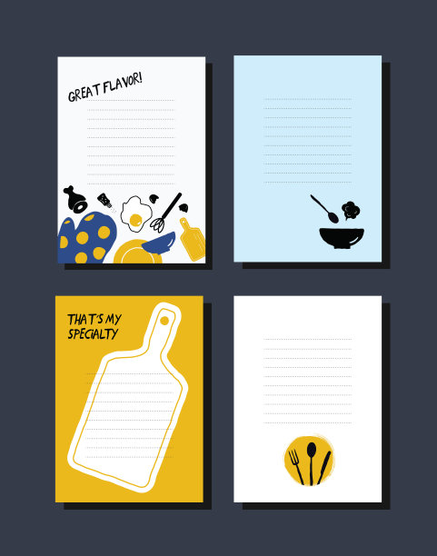 烹饪的笔记。一套模板与插图的厨房用具和食物。图片下载