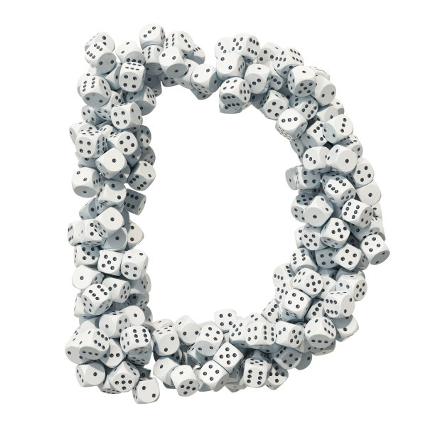字母D，源自赌博骰子。3D渲染孤立的白色背景图片下载