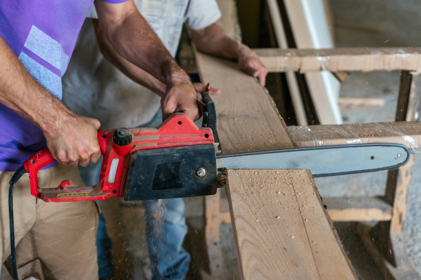 爱好木的概念。侧面视图裁剪的照片，木工手工与合作伙伴锯木板，使家具在车库或工作室图片下载