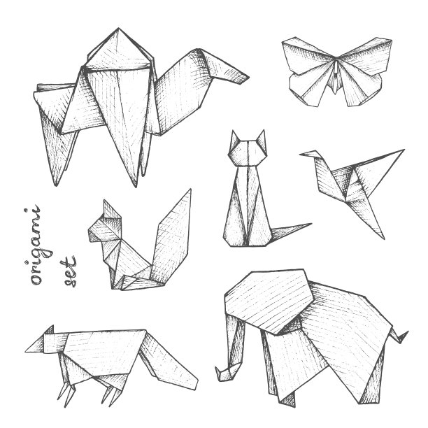 折纸-一套7灰色纸人物的动物图片下载