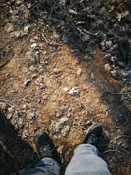 阳光下，人的脚踩在石头上图片下载