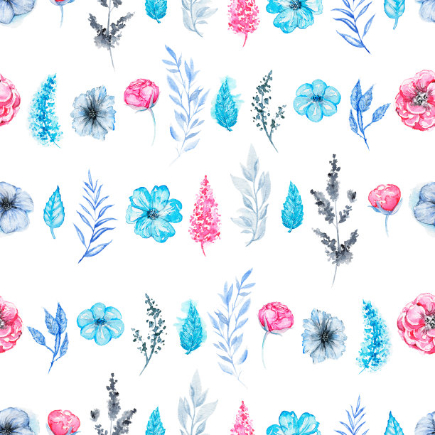 水彩无缝图案与粉红色的花和蓝色的叶子素材图片