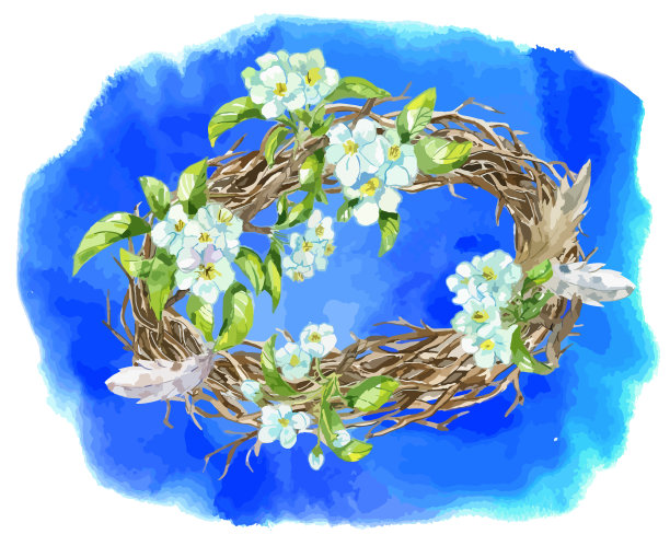 贺卡上有漂亮的苹果树花、鸟窝和羽毛图片下载