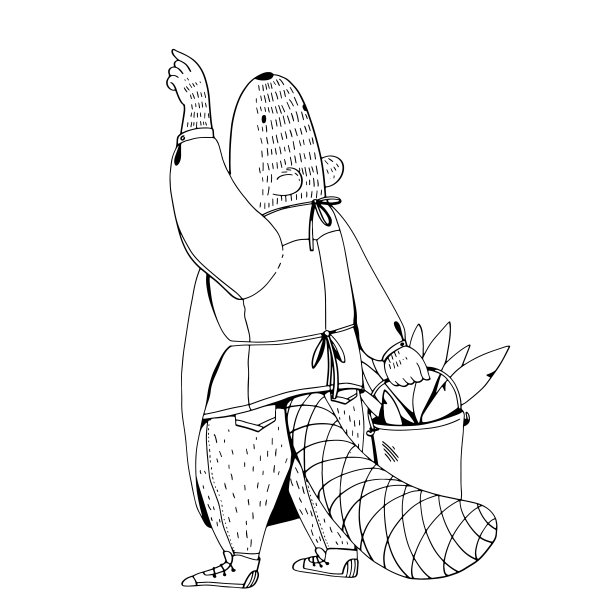 矢量插图着色书。这个像海狸一样穿着制服的人拿着一个装满树叶的桶，伸手去摸什么东西图片下载