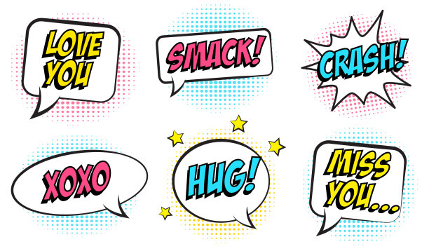 复古色彩的喜剧演讲泡泡设置为情人节。孤立在白色背景上。表情文字崩溃，拥抱，拍打，想你，爱，亲昵。图片下载