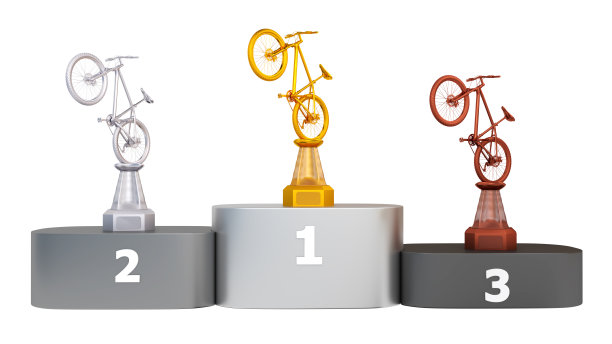 领奖台上的山地车金奖、银奖及铜奖正面图图片下载