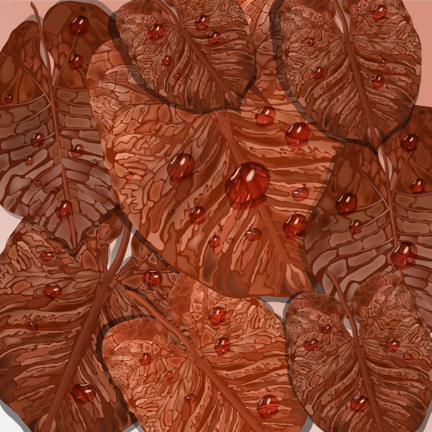 现实的树叶元素与水滴，露珠。矢量棕红叶背景，俯视图设计图片下载