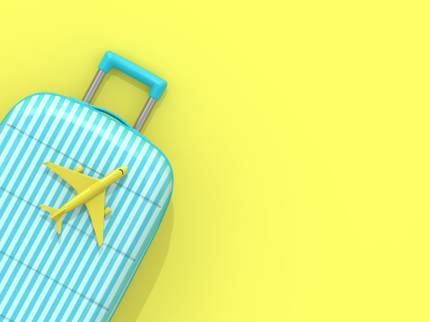 黄色背景上的飞机手提箱的3d渲染图片下载