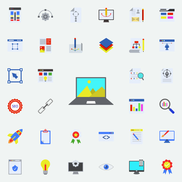 风景在笔记本电脑的彩色图标。编程贴纸图标通用设置为网络和移动图片下载