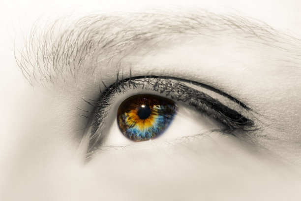 创意黑白照片的彩色女性眼睛与长睫毛和专业的化妆近距离微距图片下载