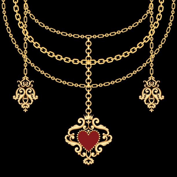 背景用链金金属项链和吊坠与心。在黑色图片下载