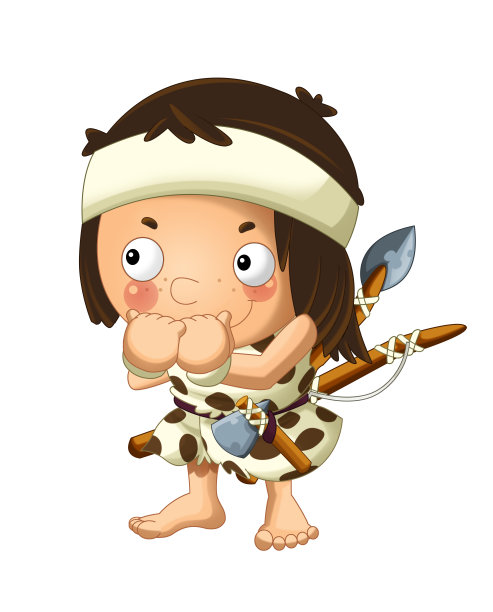 卡通场景与快乐的原始人野蛮战士渔民与矛和斧头在白色的背景图片下载