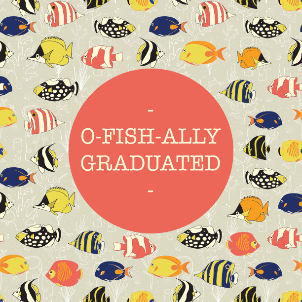 趣味毕业矢量设计。正式毕业。Ofishally毕业。彩色鱼的插图。用于请帖、横幅、贺卡、明信片、聚会、课本。向量模板毕业。图片下载