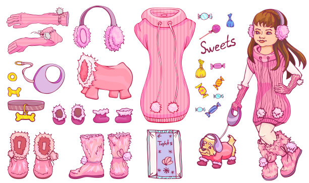 衣服和配件:衣服，手套，紧身衣，靴子，耳机，糖果，衣领，皮带，鞋子。贴纸写生簿。图片下载