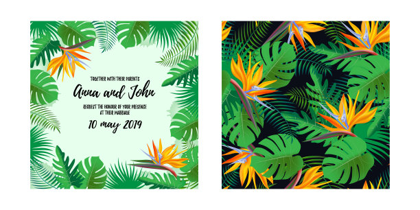婚礼请帖保存日期文字，背景有热带风情的花叶。无缝模式的背面包括图片下载