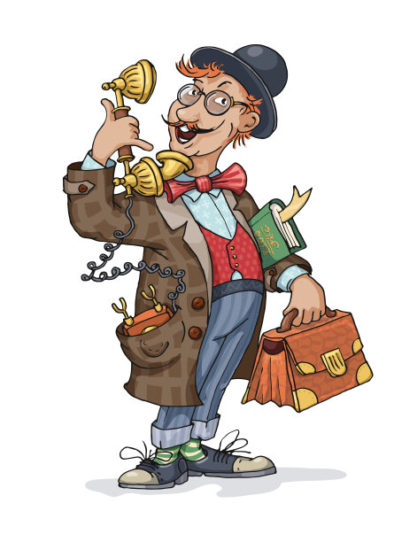 复古商人在他的口袋里有一个有线电话，电话耳机在他的一只手和投资组合在另一只手图片下载