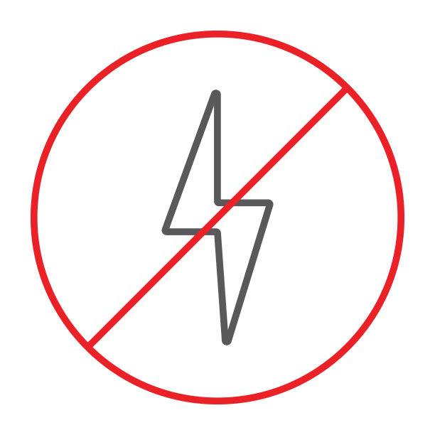 无电细线图标，禁止和禁止，无闪电标志，矢量图形，白色背景上的线性图案。图片下载