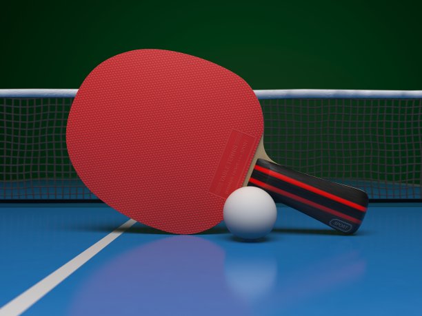 乒乓球。球拍和球。三维渲染图片下载