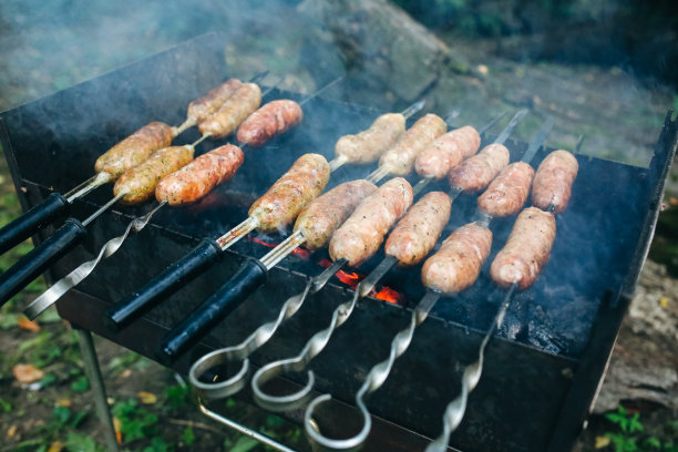 户外自制烤香肠。烧烤派对的美味食物。图片下载