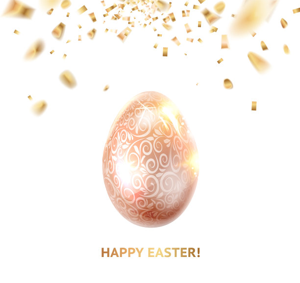 带曲线彩带的复活节彩蛋。复活节快乐卡片在灰色背景与金色火花。图片下载