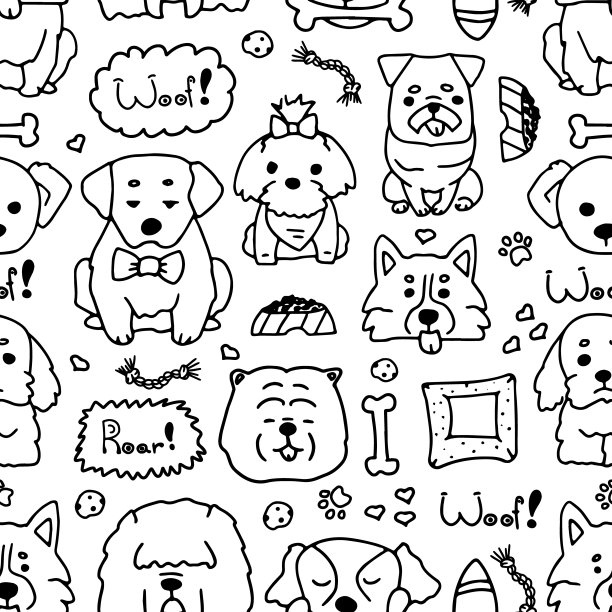 无缝涂鸦狗在白色背景上的线条艺术。不同狗狗的变化涂鸦图案与元素。无缝插图的狗和狗配件。图片下载