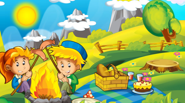 卡通秋色自然背景，以山间为文字空间图片下载