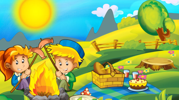 卡通秋色自然背景，以山间为文字空间图片下载